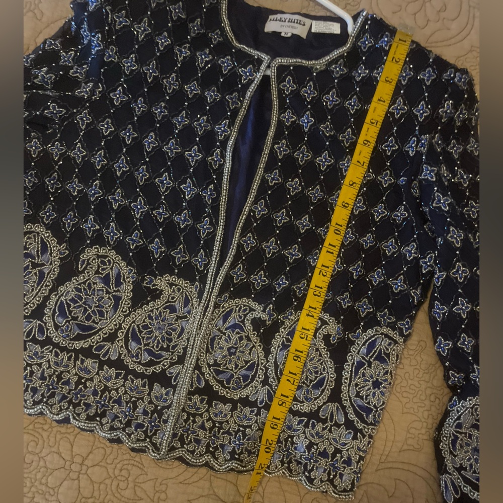 Vintage 1980’s Silky Nites Stunning Beaded Navy Blue Silk Evening Jacket, Size M - Picture 8 of 12